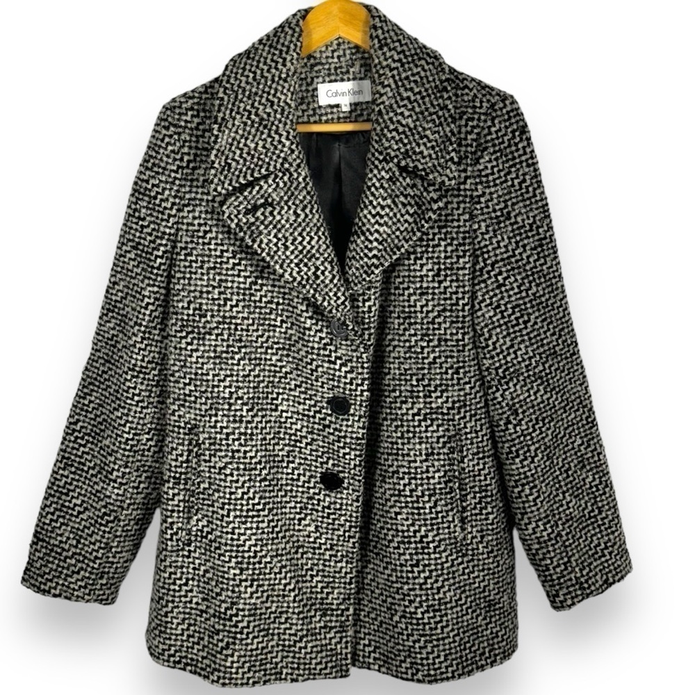 Calvin Klein Single Breasted Herringbone Wool Blend Walker Coat, Black/White, 14